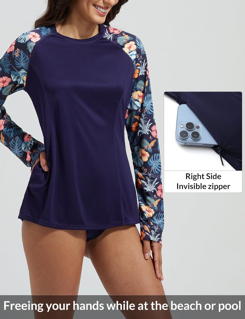 Baleaf Rash Guard for Women Swim Shirts UPF 50+ UV Sun Protection Long Sleeve Swimsuit Top Zipper Pocket Thumbhole - Image 2